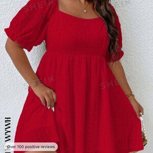 SHEIN WYWH Plus Puff Sleeve Shirred Back A-line Dress